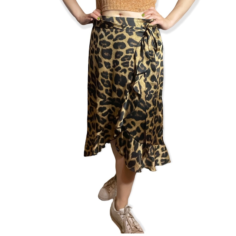 Ruffled Leopard Print Midi Skirt with Slit and Tie Waist, Size Medium